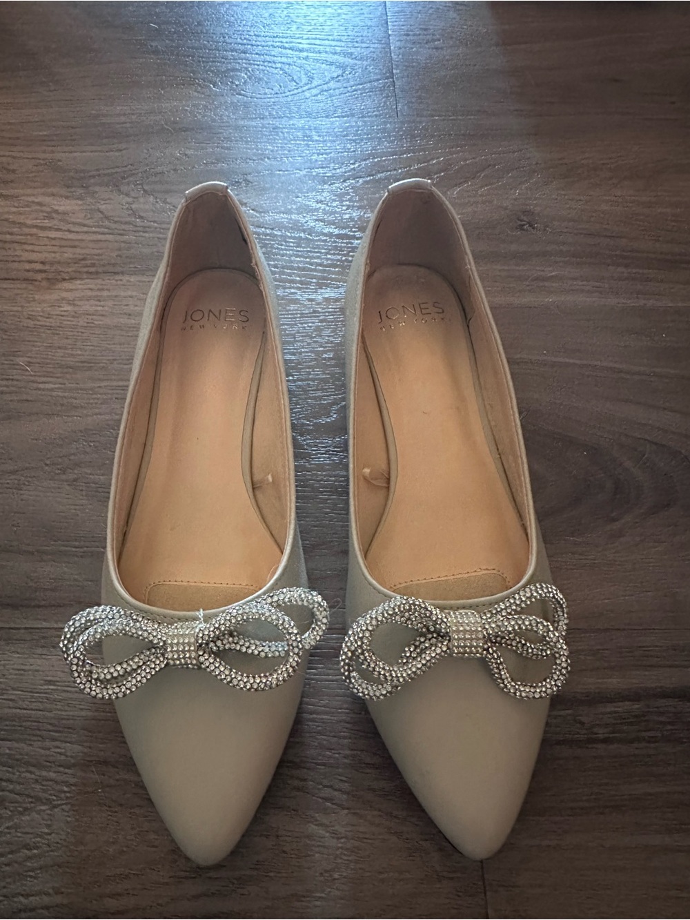 Jones New York Nude Pointed-Toe Flats with Crystal Bow